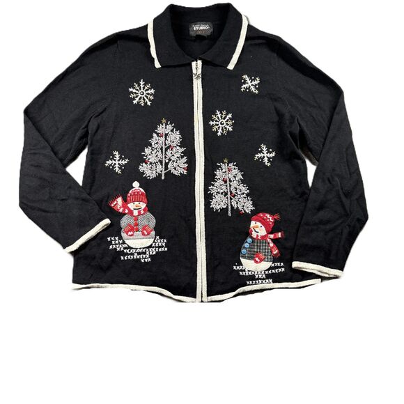 Designers Originals Full Zip Sweater Lightweight Snowman Snowflake Large I190 - Picture 1 of 8
